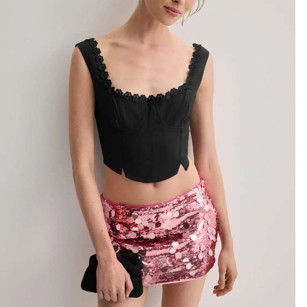 Guizio Taffeta Bustier Top Black Corset Crop Lace Trim Lace-Up Back Sz XS